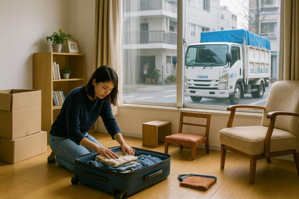 帰国前に不用品を片付ける留学生や駐在員の生活イメージ