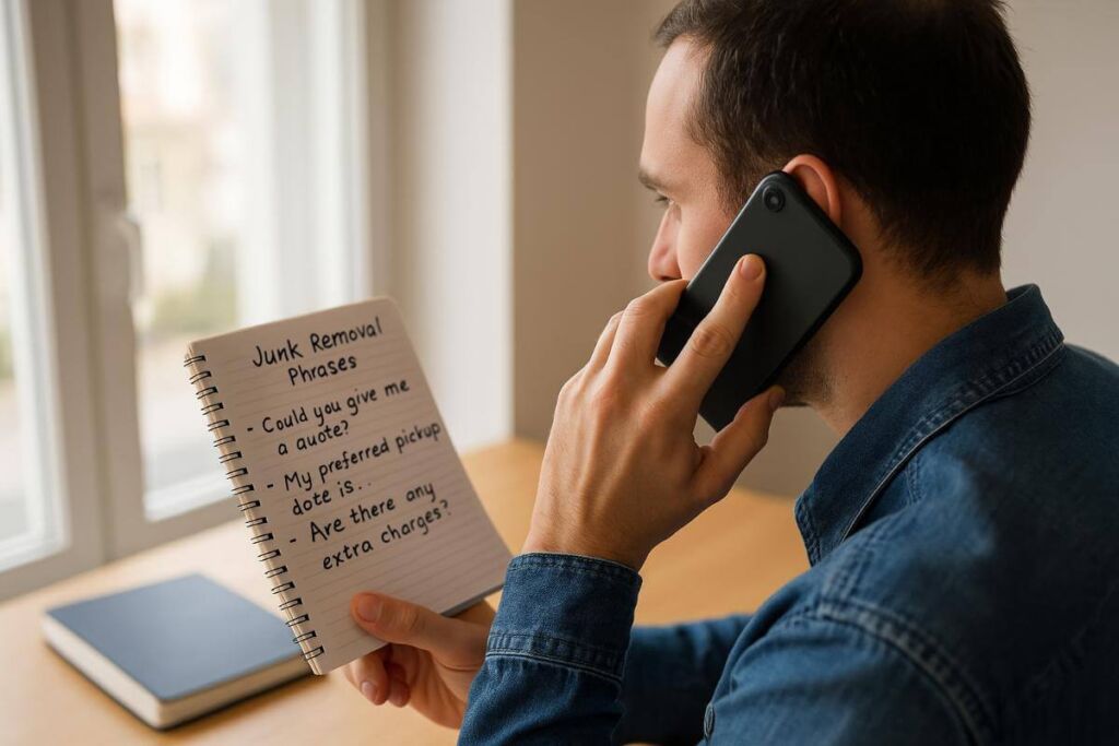 退去準備で英語フレーズをメモしたノートを見ながら電話する外国人入居者