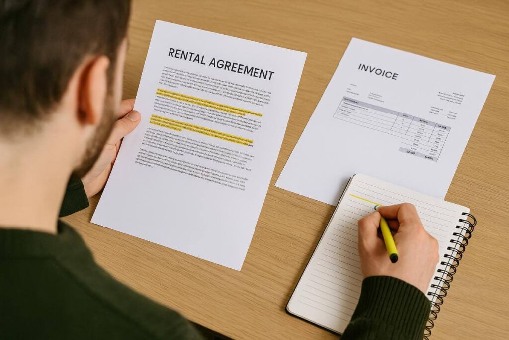 契約書や請求書を確認しながら注意点をメモする外国人入居者