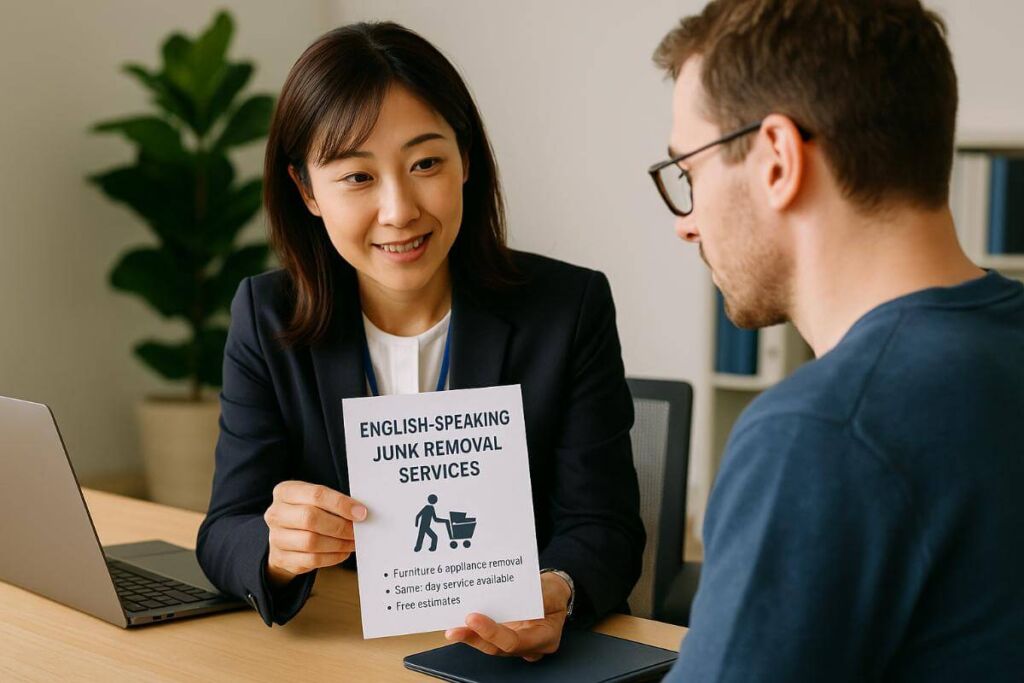 管理会社の担当者が外国人入居者に英語で対応できる業者を紹介しているシーン