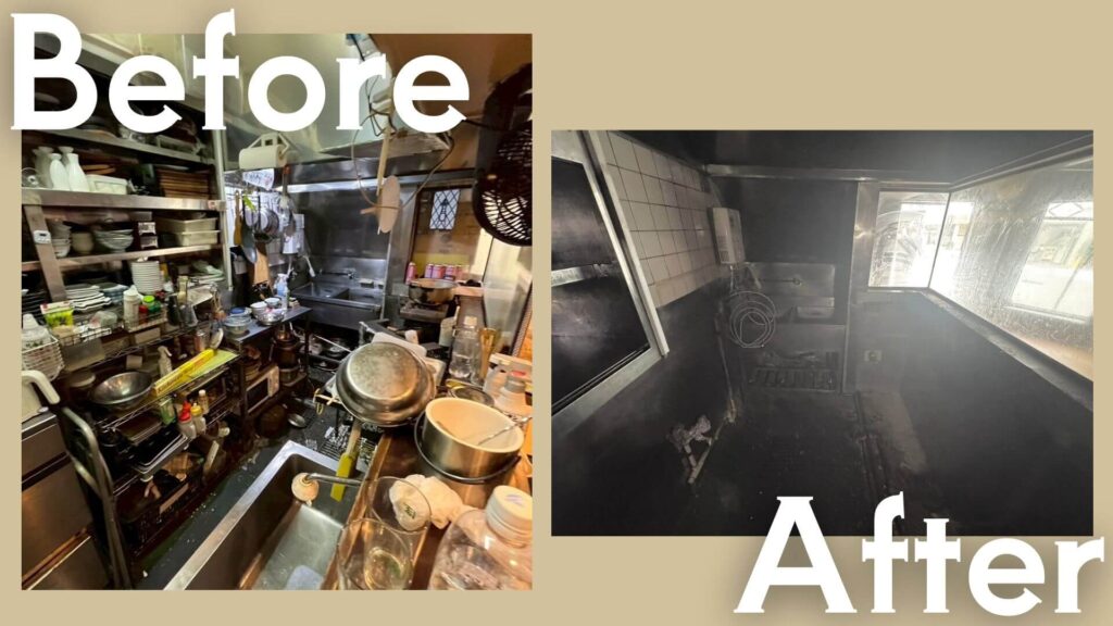 閉店した飲食店の厨房で実施された残置物撤去作業のビフォーアフター。
Beforeでは、鍋・皿・調理器具・棚などが所狭しと並び、営業終了直後の状態が確認できる。
Afterでは、それらの不用品や設備をすべて搬出し、壁面やシンクまわりが見える空の厨房に戻された様子。
厨房機器の取り外しや仕分け・搬出を丁寧に行い、退去前の原状回復に対応した現場。