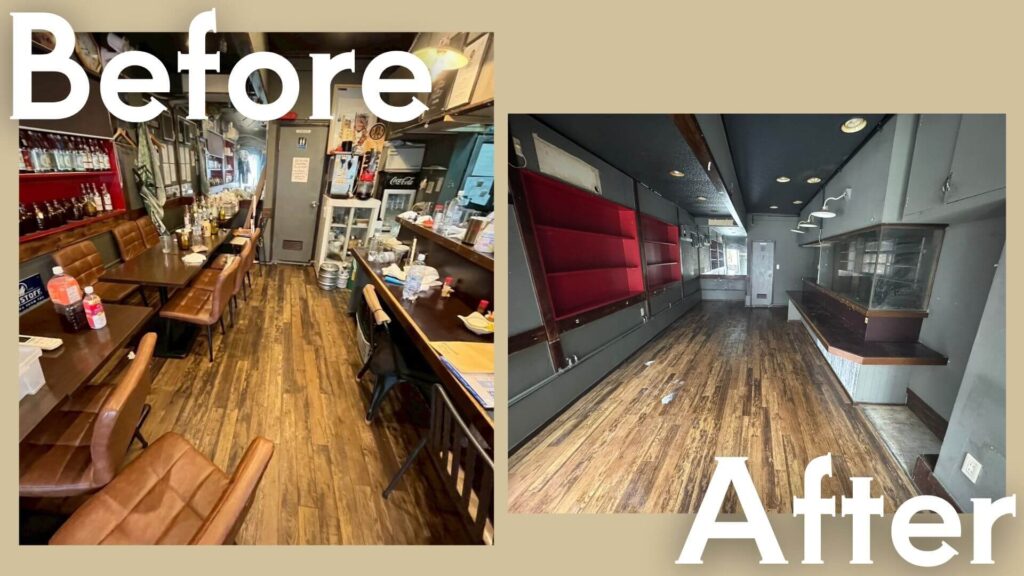 飲食店ホール部分で行われた残置物撤去作業のビフォーアフター。
Beforeでは、テーブル・椅子・ドリンクボトル・備品が並び、営業時のレイアウトがそのまま残っている。
Afterでは、家具や什器をすべて搬出し、棚と床のみが残るスッキリとした空間に。
閉店後の原状回復を目的とした撤去で、共用部や通路への搬出にも配慮した作業現場。